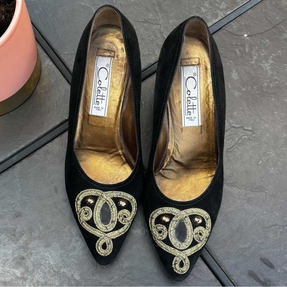 Vintage Colette Italian Black Gold Suede Leather Heels Shoes Eur 38 1/2 US 7.5/8 - Picture 1 of 11